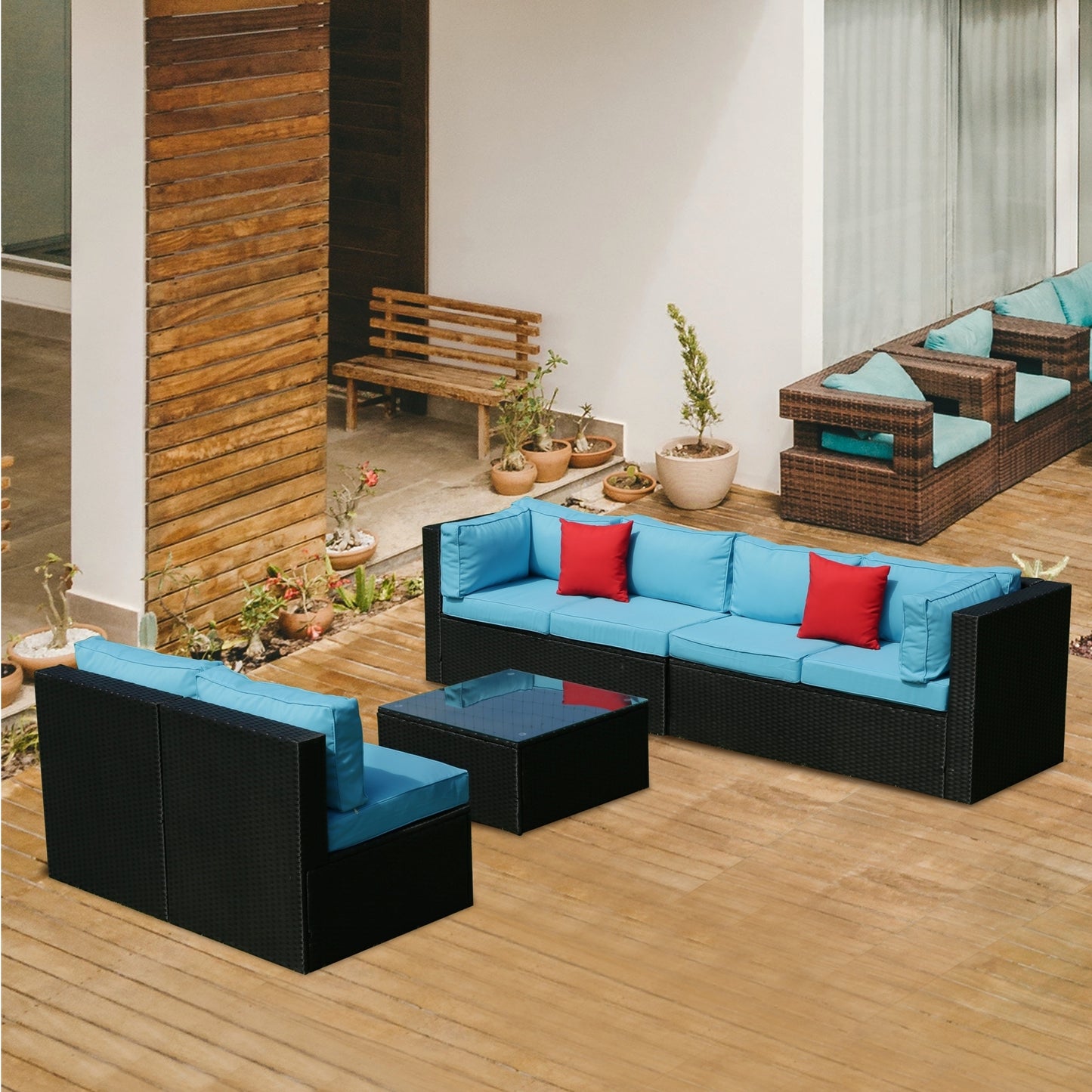 Russo 5 Pc Outdoor Patio Rattan Sectional Sofa Set - Black+Blue