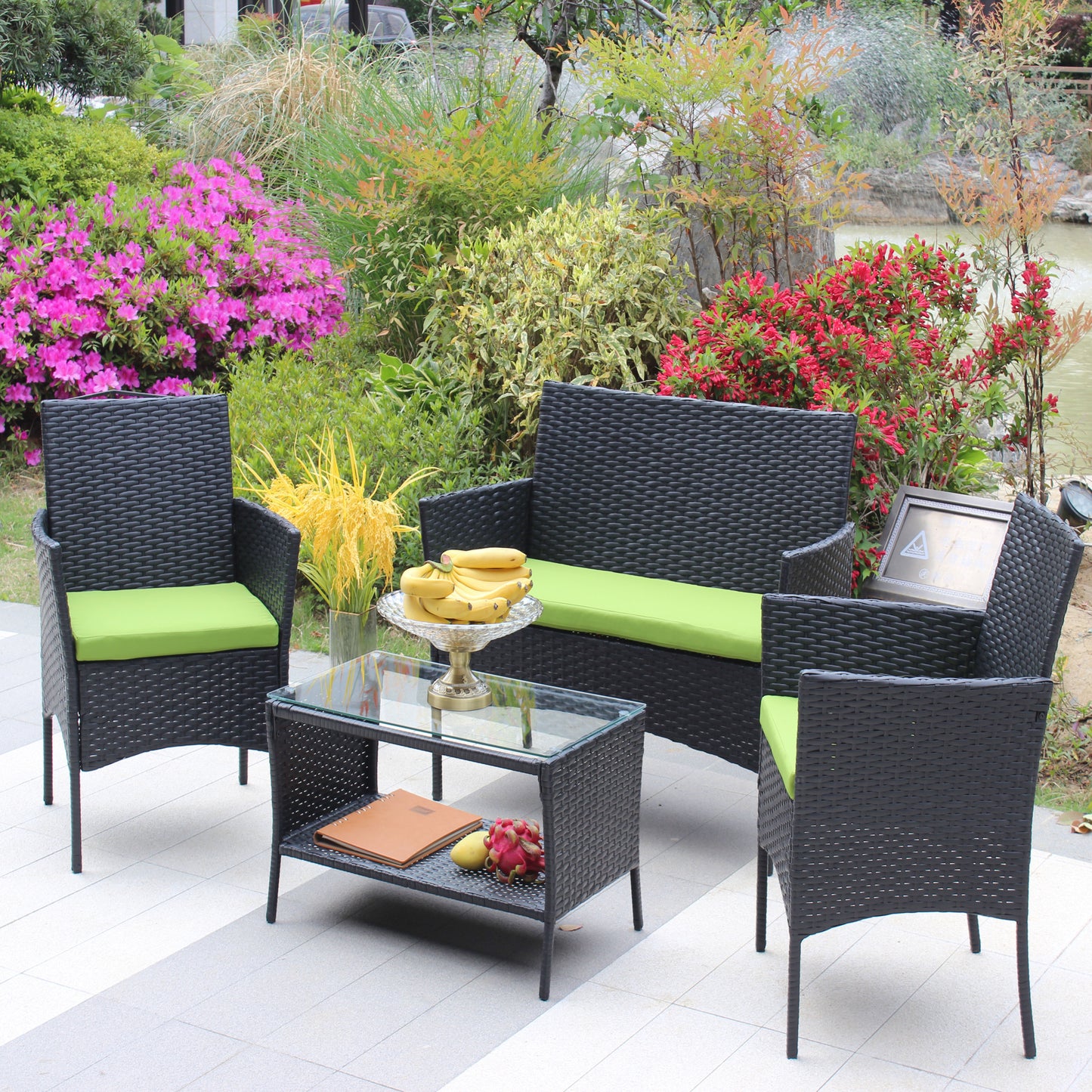 Miola 4 Pc Outdoor Patio Wicker Ratten Furniture Set - Green Cushion