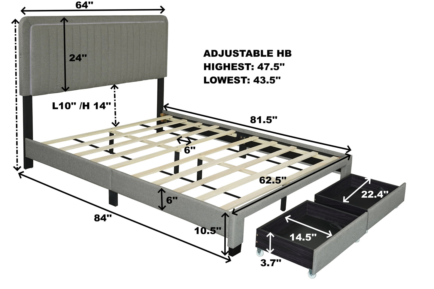 Huka Queen Size Platform Bed with Adjustable Height - Stone Gray