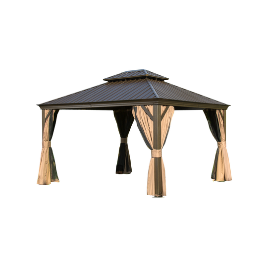 Shana 12 X 14 ft Hardtop Gazebo Outdoor Wooden Grain Coated Aluminum  - Brown