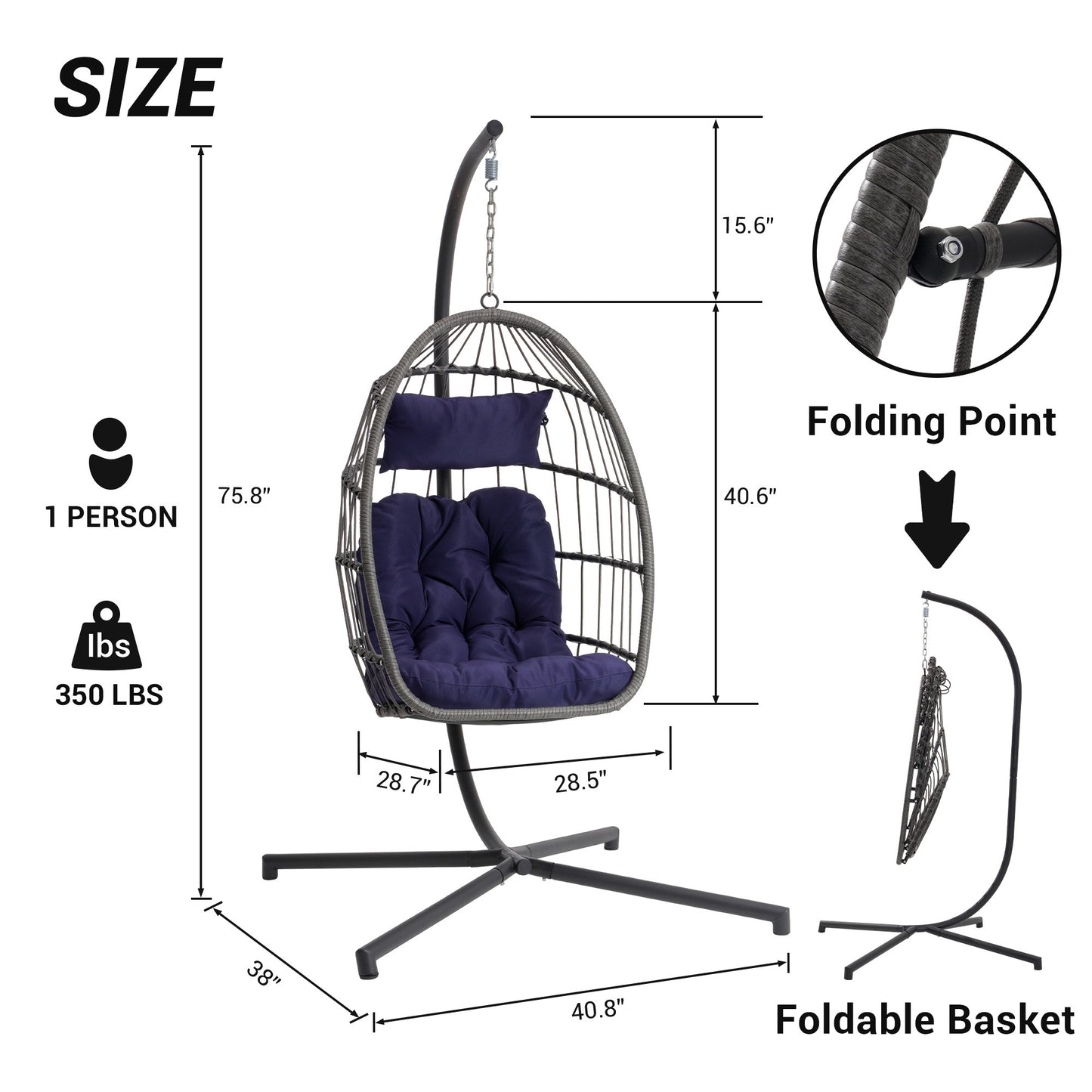 Feji Outdoor Rattan Egg Swing Chair with Stand - Dark Blue