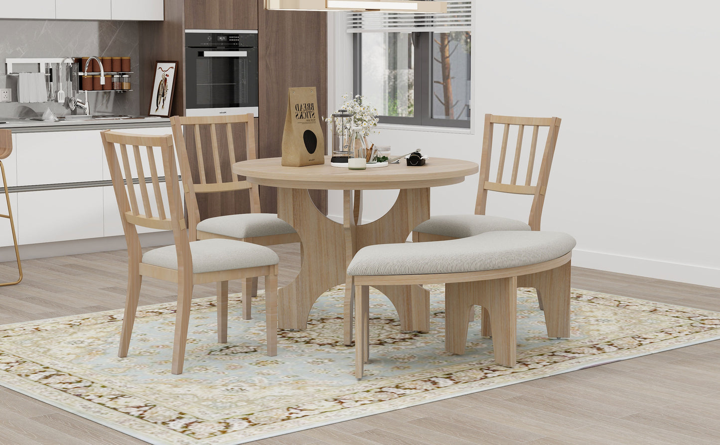 Todd 5pc Dining Set Round Table 4x Side Chairs - Natural