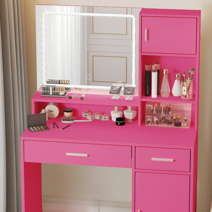 Alyssa Vanity Desk with Mirror and LED Light Strip - Rose Pink