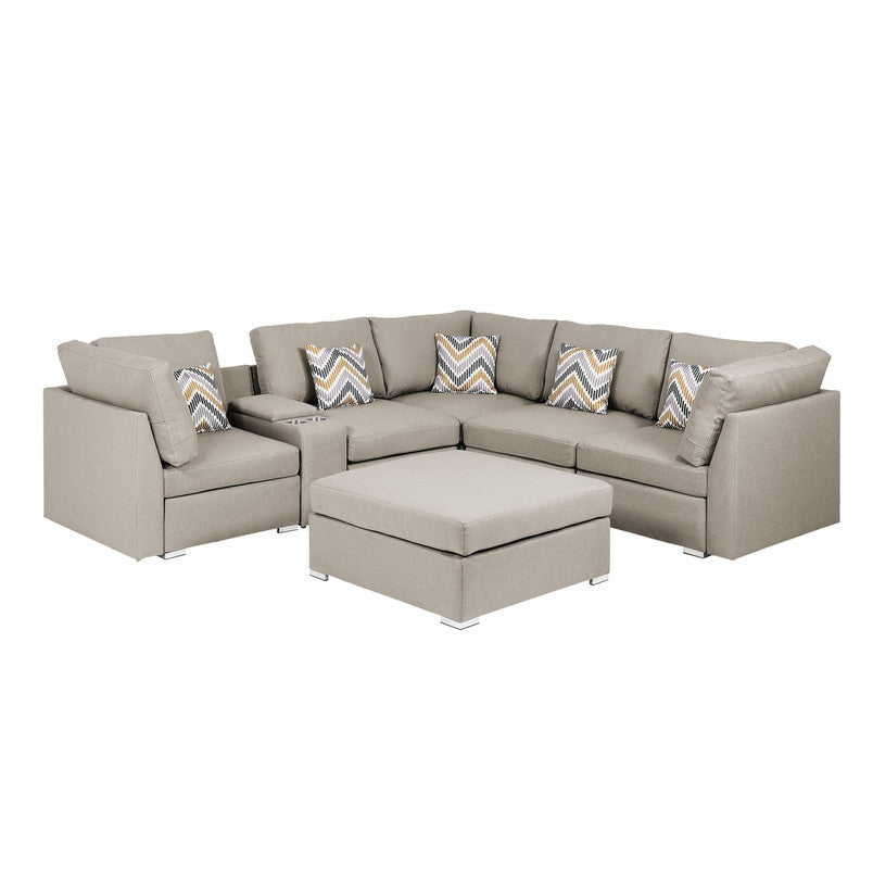 Amira Fabric Reversible Sectional Sofa with USB Console and Ottoman - Beige