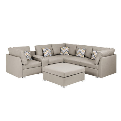 Amira Fabric Reversible Sectional Sofa with USB Console and Ottoman - Beige