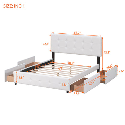 Draco Queen Size Platform Bed with 4 Drawers - White