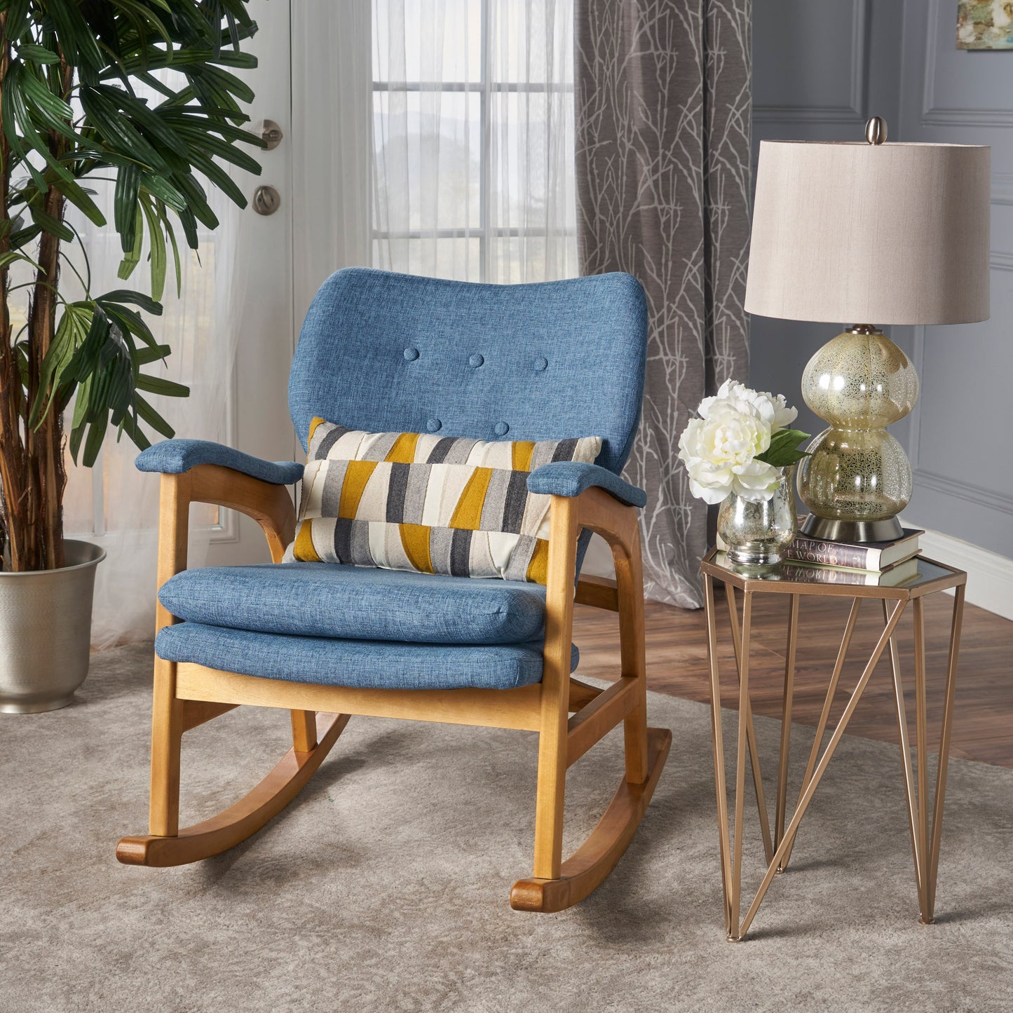 Indo Mid-Century Fabric Rocking Chair - Blue