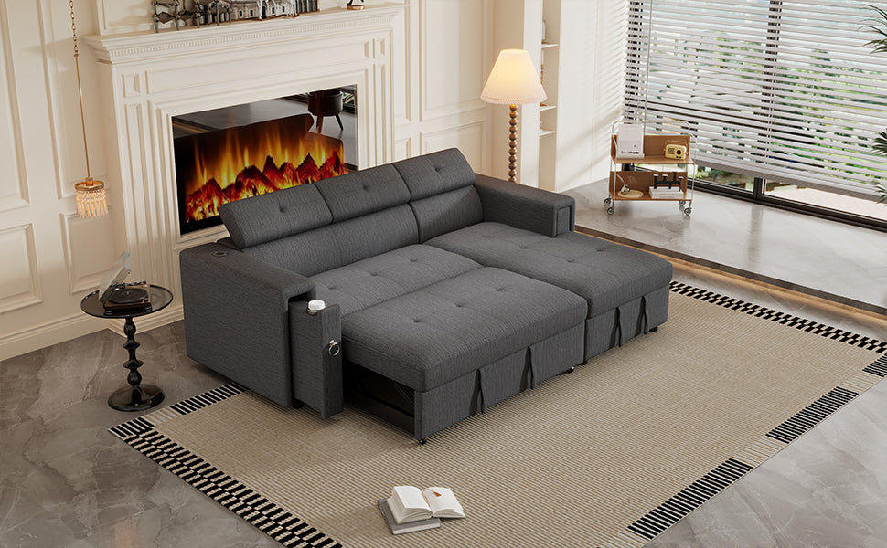 Tumic Pull-Out Sofa Bed L-Shape Sectional Sofa - Gray