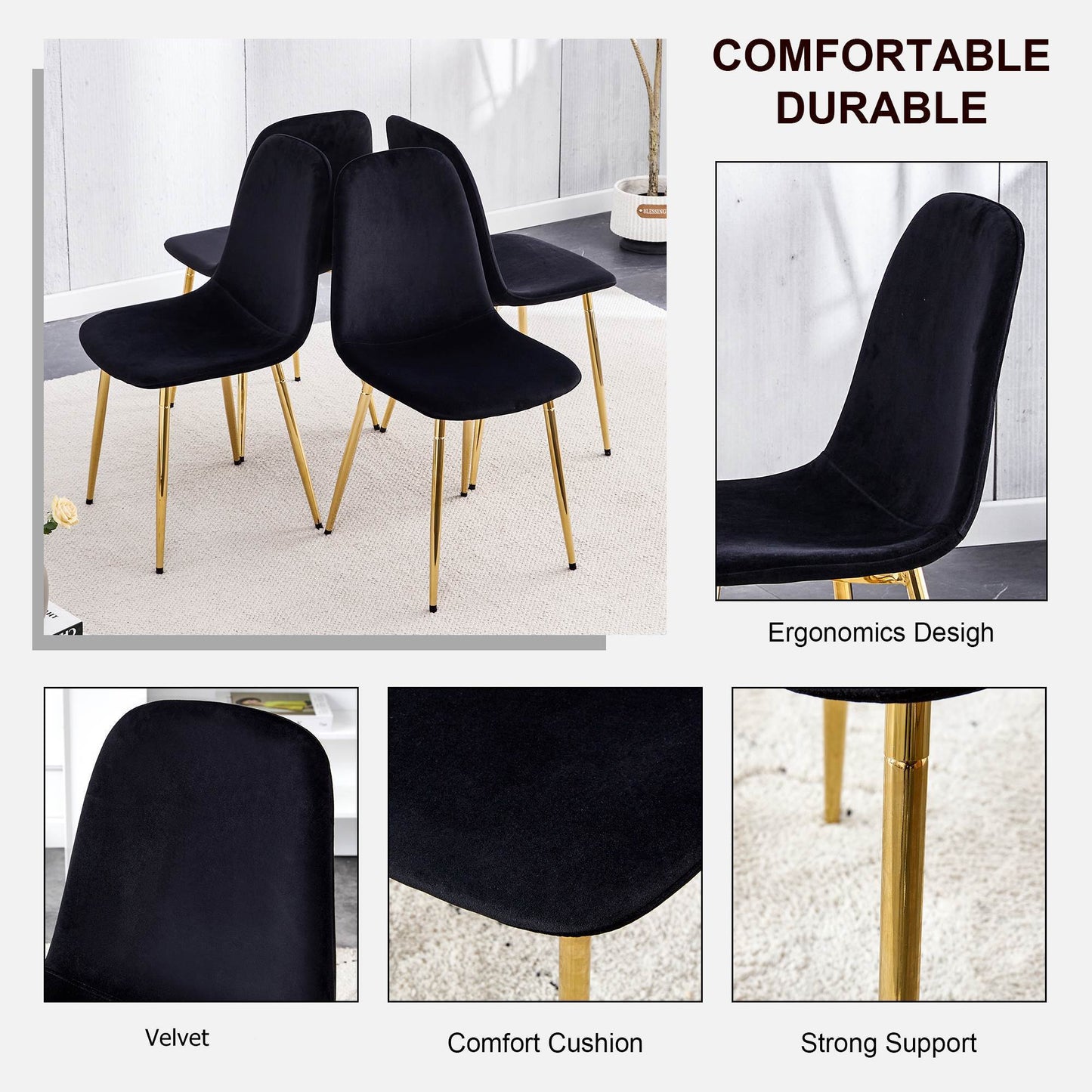 Pax Dining Velvet Chairs with Golden Metal Leg (Set of 6) - Black