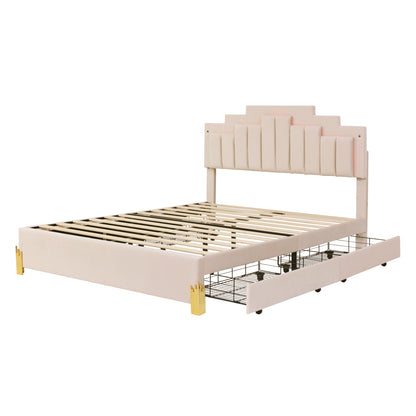 Neco Queen Size Platform Bed with LED and 4 Drawers - Beige