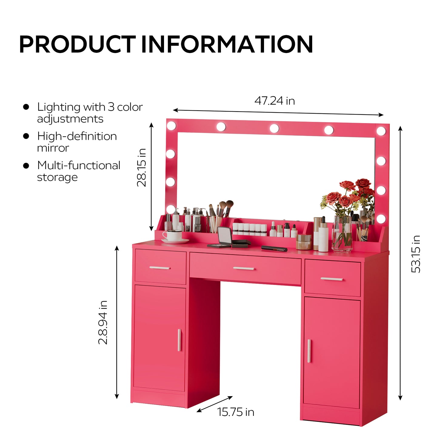 Astrid Makeup Vanity Table With Large Mirror and 3 Colour Lighting  - Rose Pink