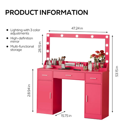 Astrid Makeup Vanity Table With Large Mirror and 3 Colour Lighting  - Rose Pink