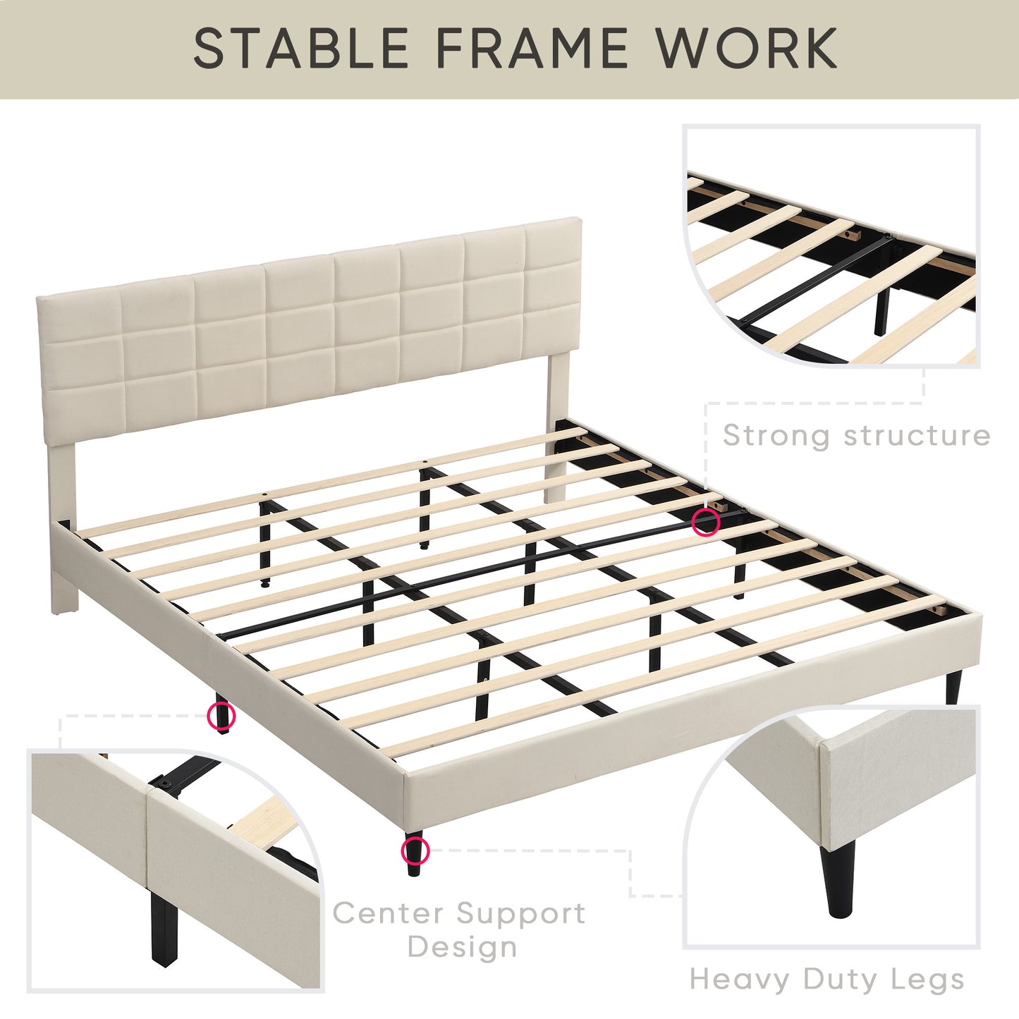 Elegant King Size Platform Bed Frame - Beige