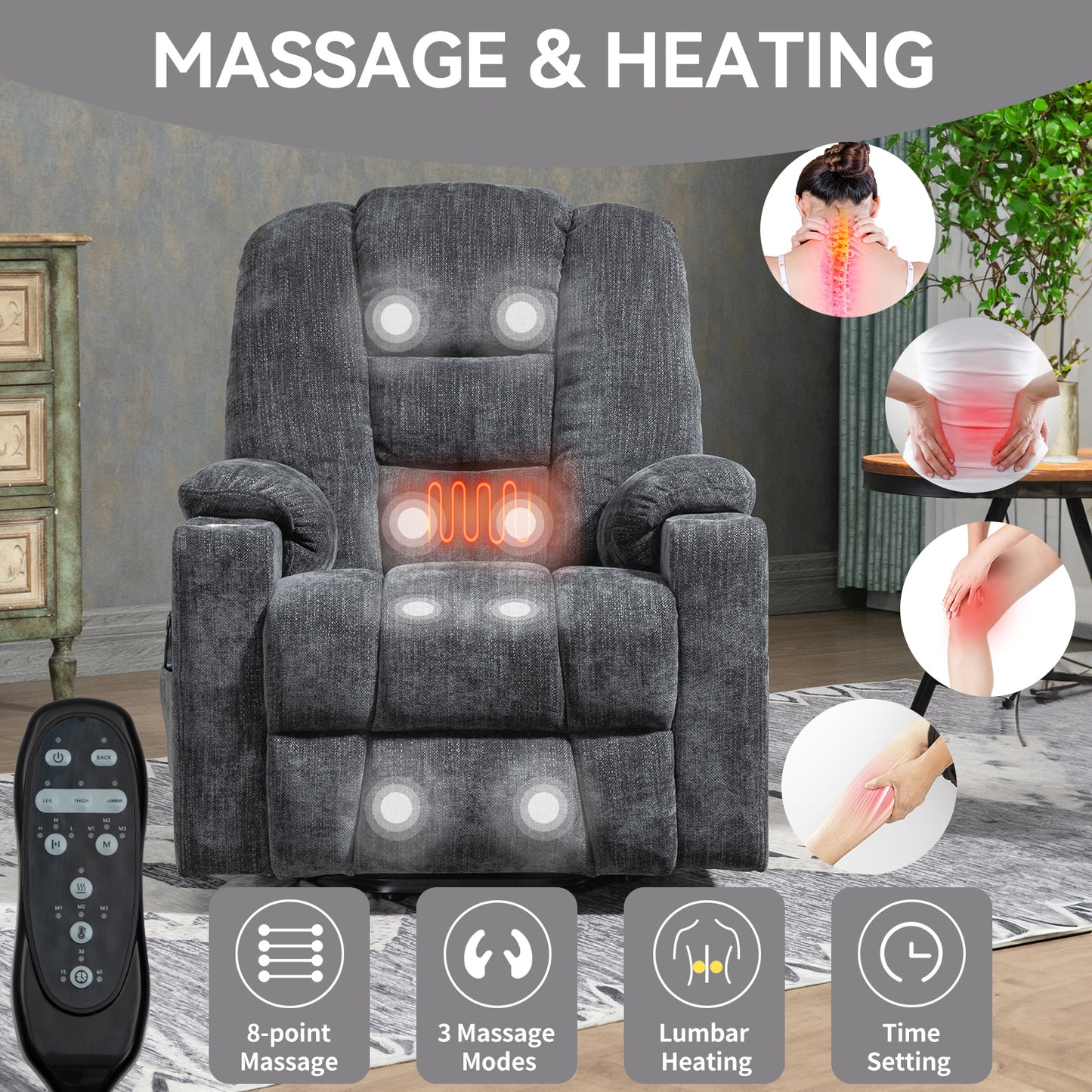 Rico Large Power Lift Recliner Chair with Heat and Massage - Gray