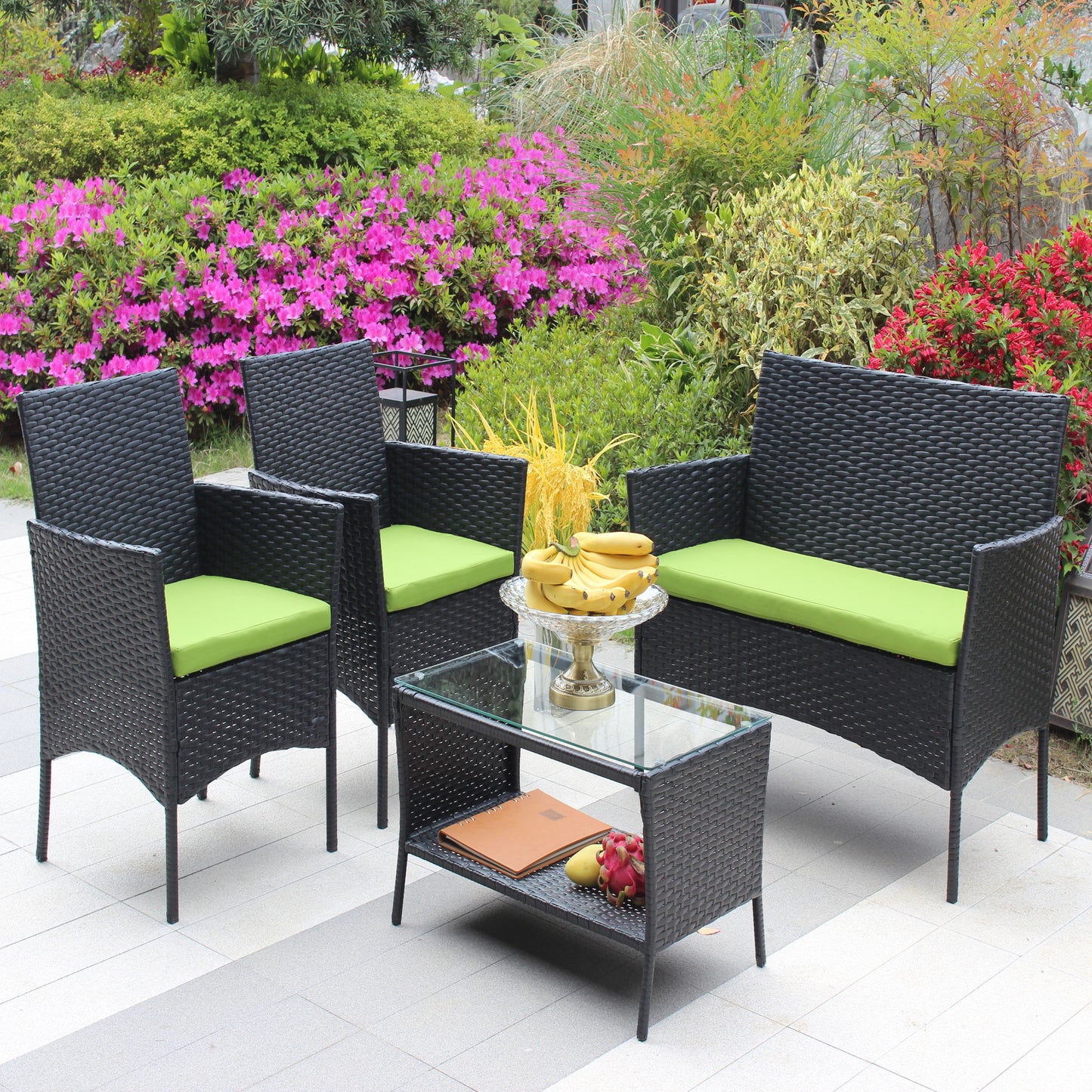 Miola 4 Pc Outdoor Patio Wicker Ratten Furniture Set - Green Cushion