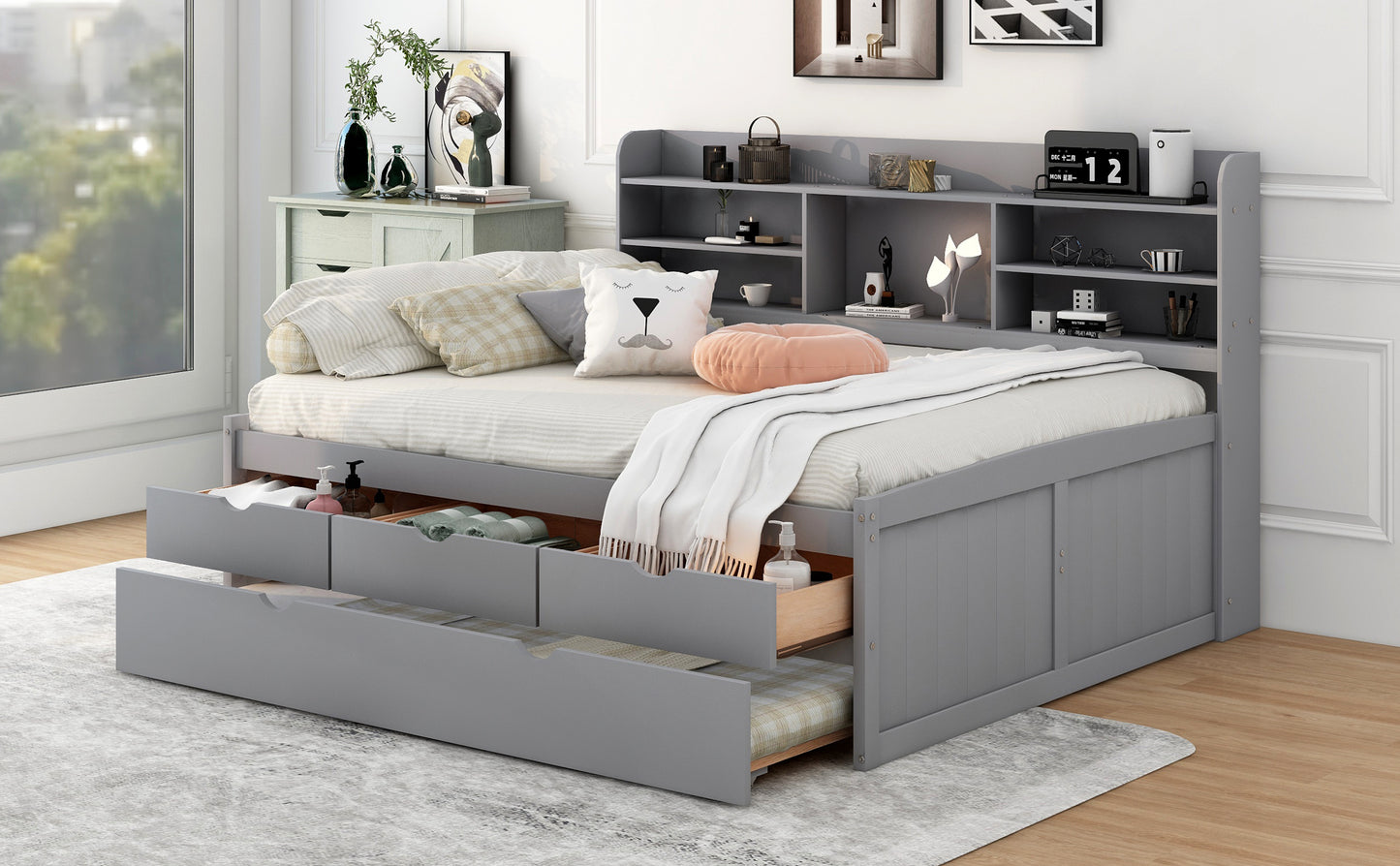 Gini Full Size Daybed with Trundle and Storage - Light Gray