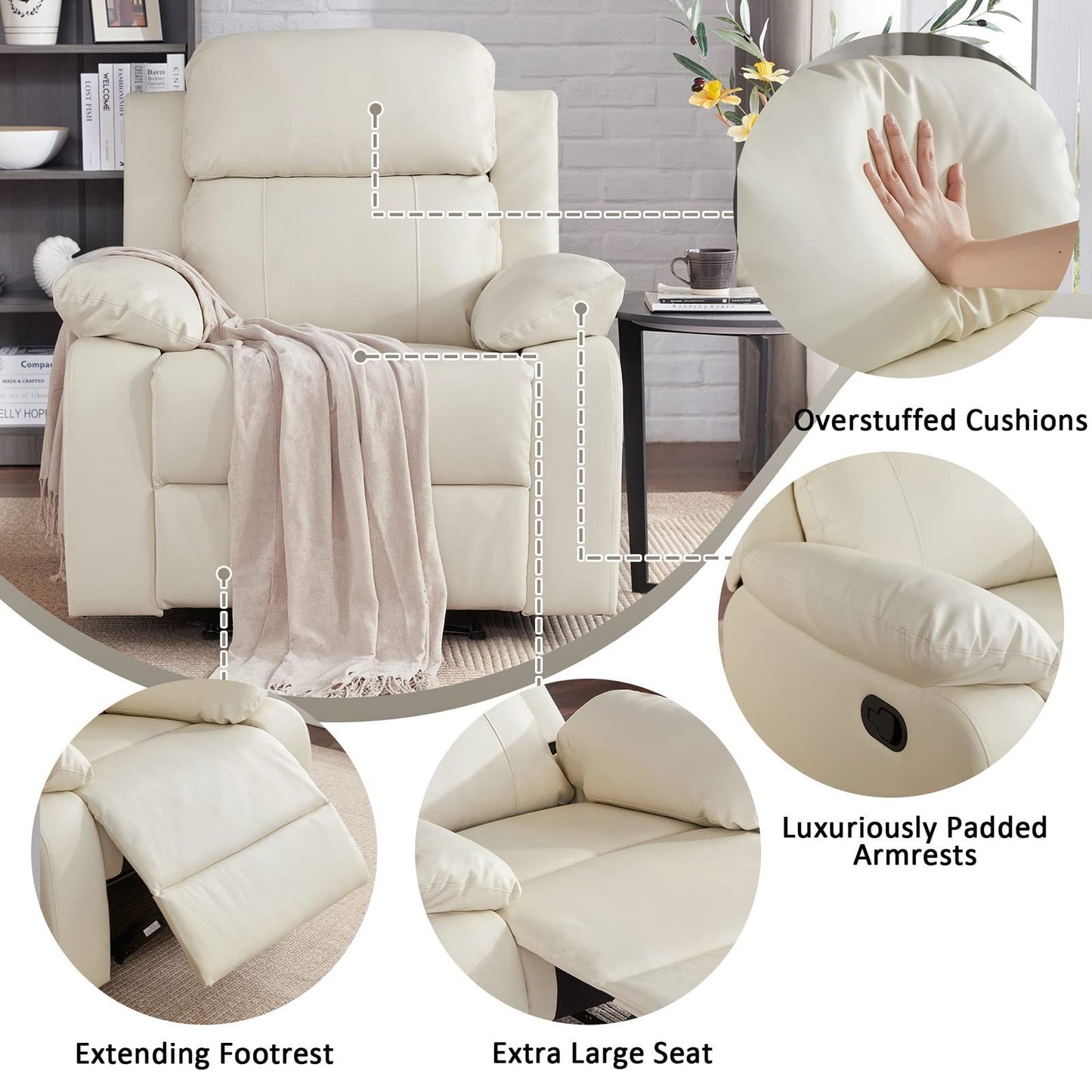 Milton Leather Reclining Chair - Beige