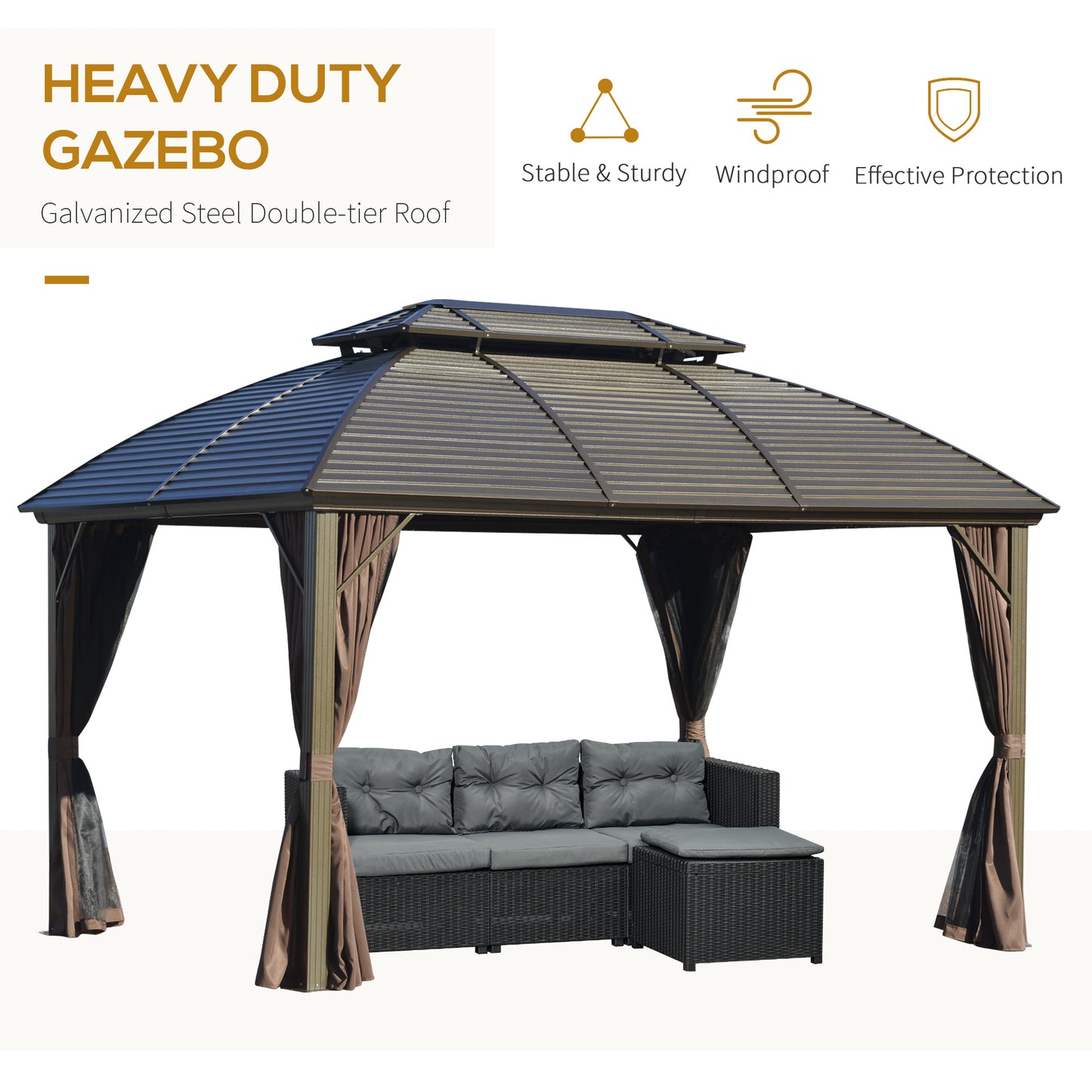 Kins 10 x 12 ft Hardtop Patio Gazebo Aluminum Frame - Brown