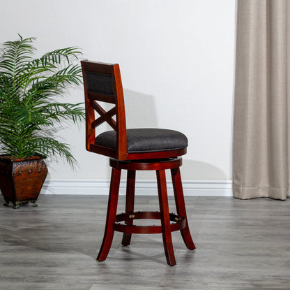 Counter Height X-Back Swivel Stool, Cherry Finish, Charcoal Fabric Seat