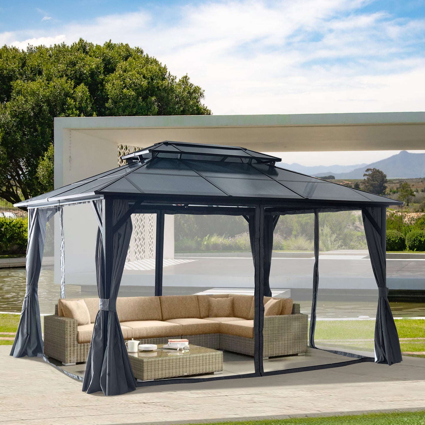 Afix 10 X 13 ft  Permanent Hardtop Gazebo Canopy - Black