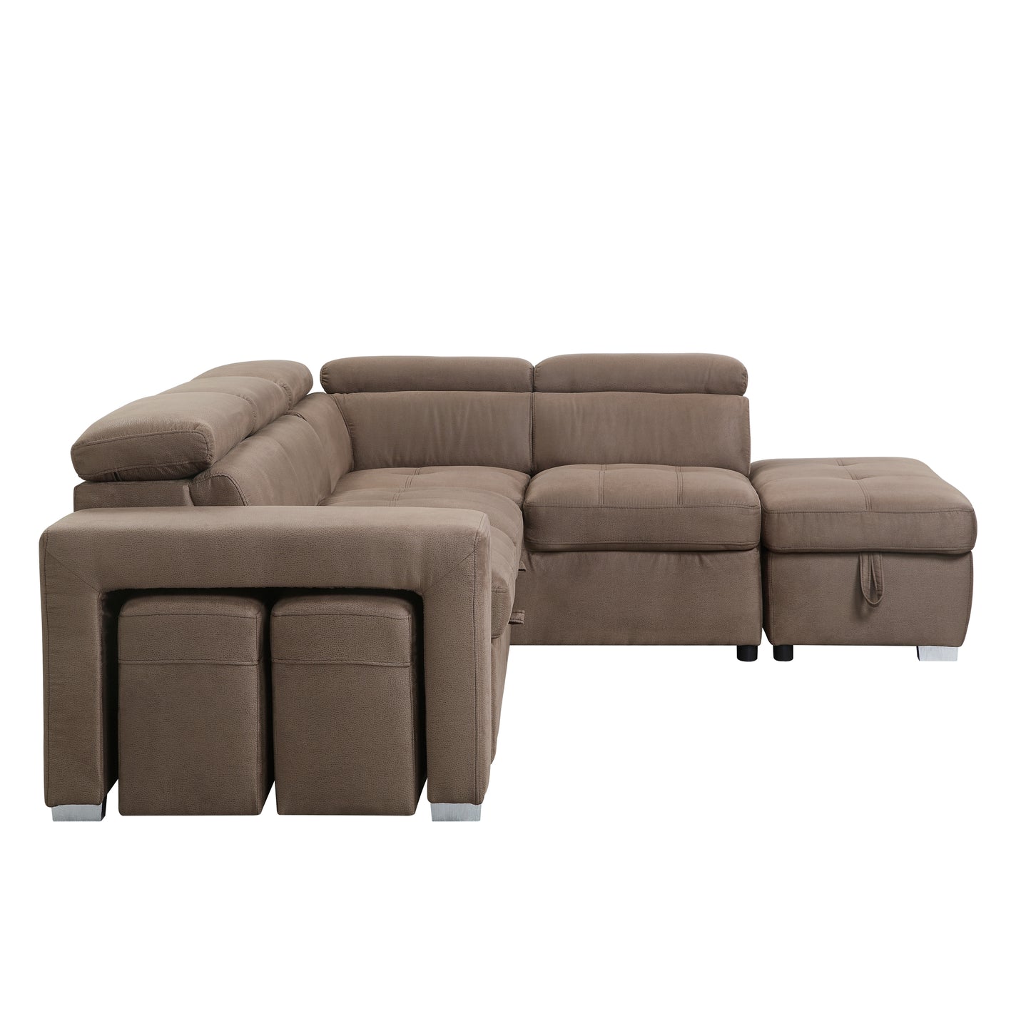 Kavi Fabric Sleeper Sectional Sofa w/2 Pullout Stools - Brown