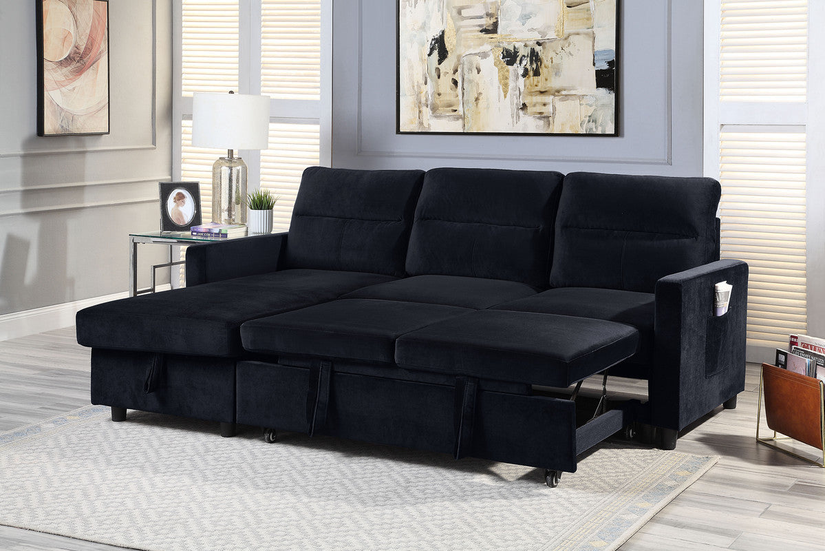 Ivy Velvet Reversible Sleeper Sectional Sofa with Storage  - Black