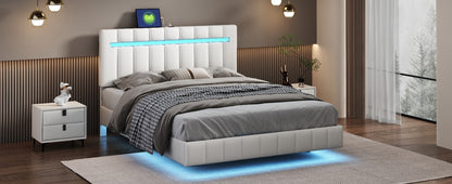 Marc Queen II Size Floating Bed Frame with LED - White