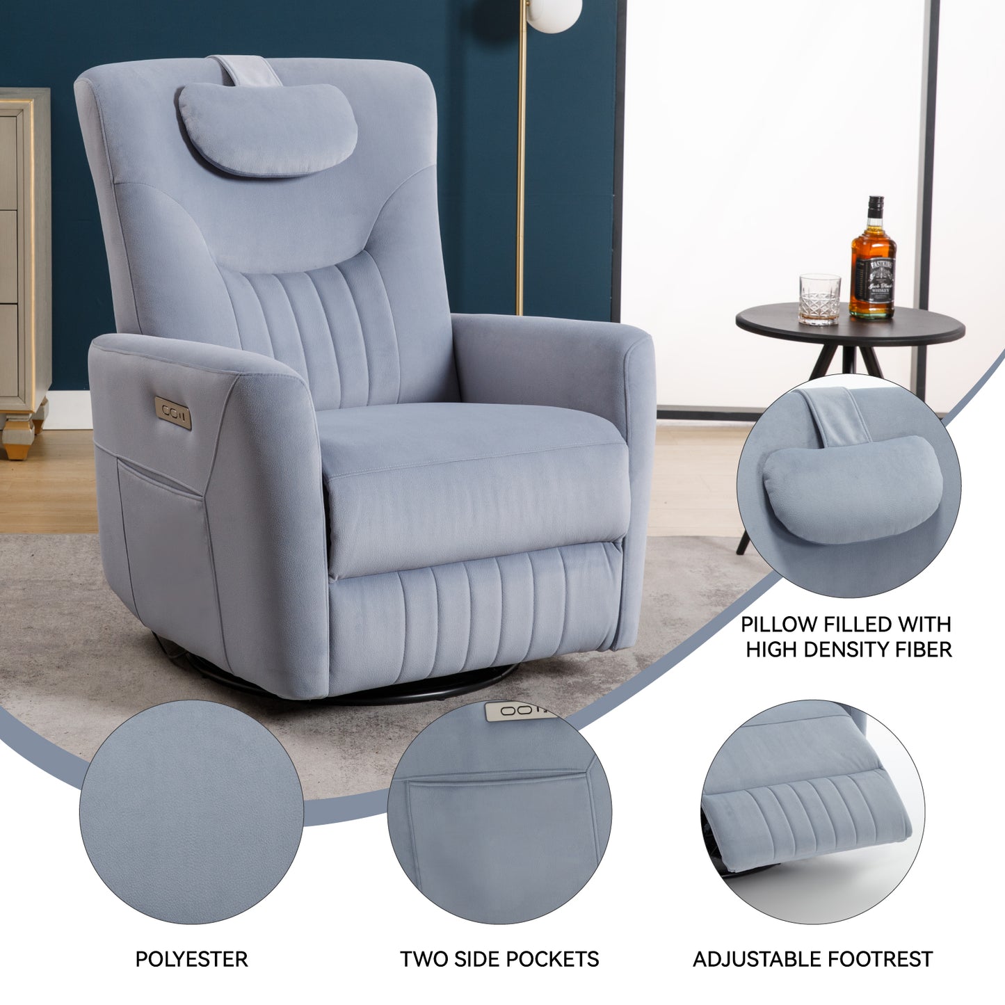 Davila Swivel and Rocker Power Recliner Chair with Lumbar and Neck Support - Blue