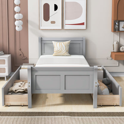 Meg Twin Size Wood Platform Bed with 4 Drawers - Gray