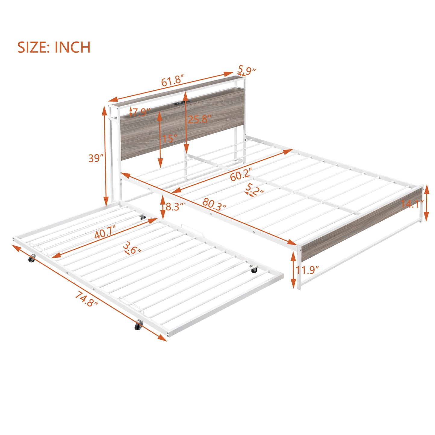 Draven Queen Size Metal Platform Bed Frame with Trundle - White