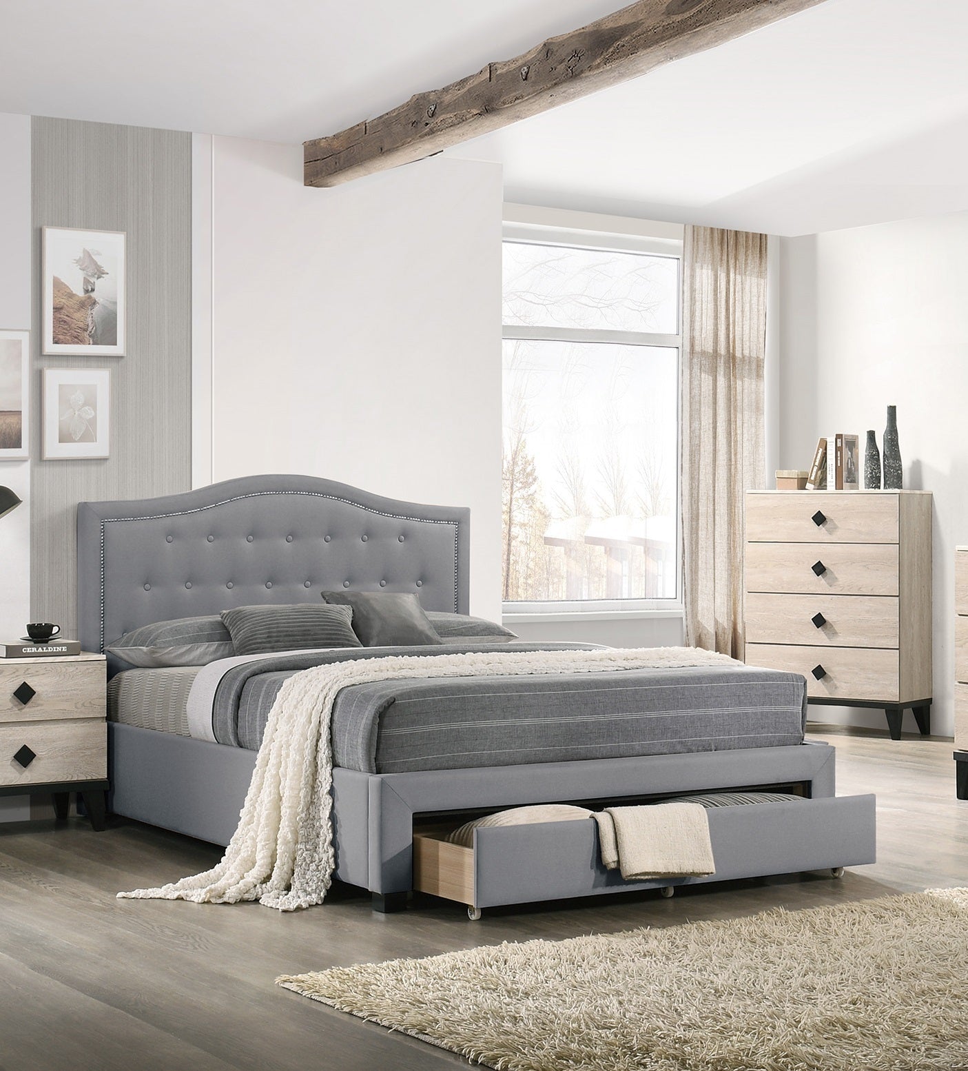 Imani Queen Size Bed w Drawer Button Tufted - Light Grey