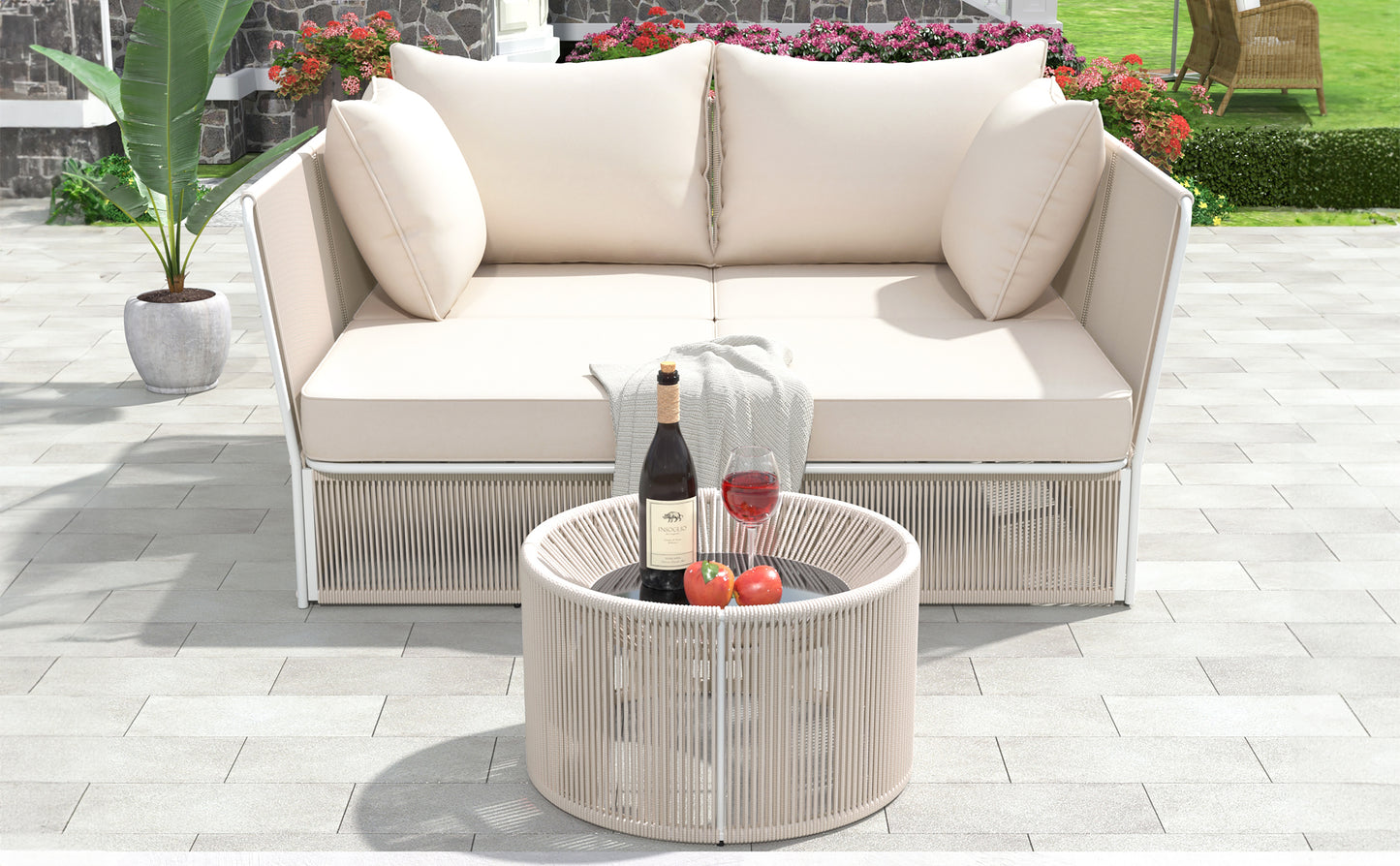 Freeda 2 Pc Outdoor Sunbed and Coffee Table Set - Beige