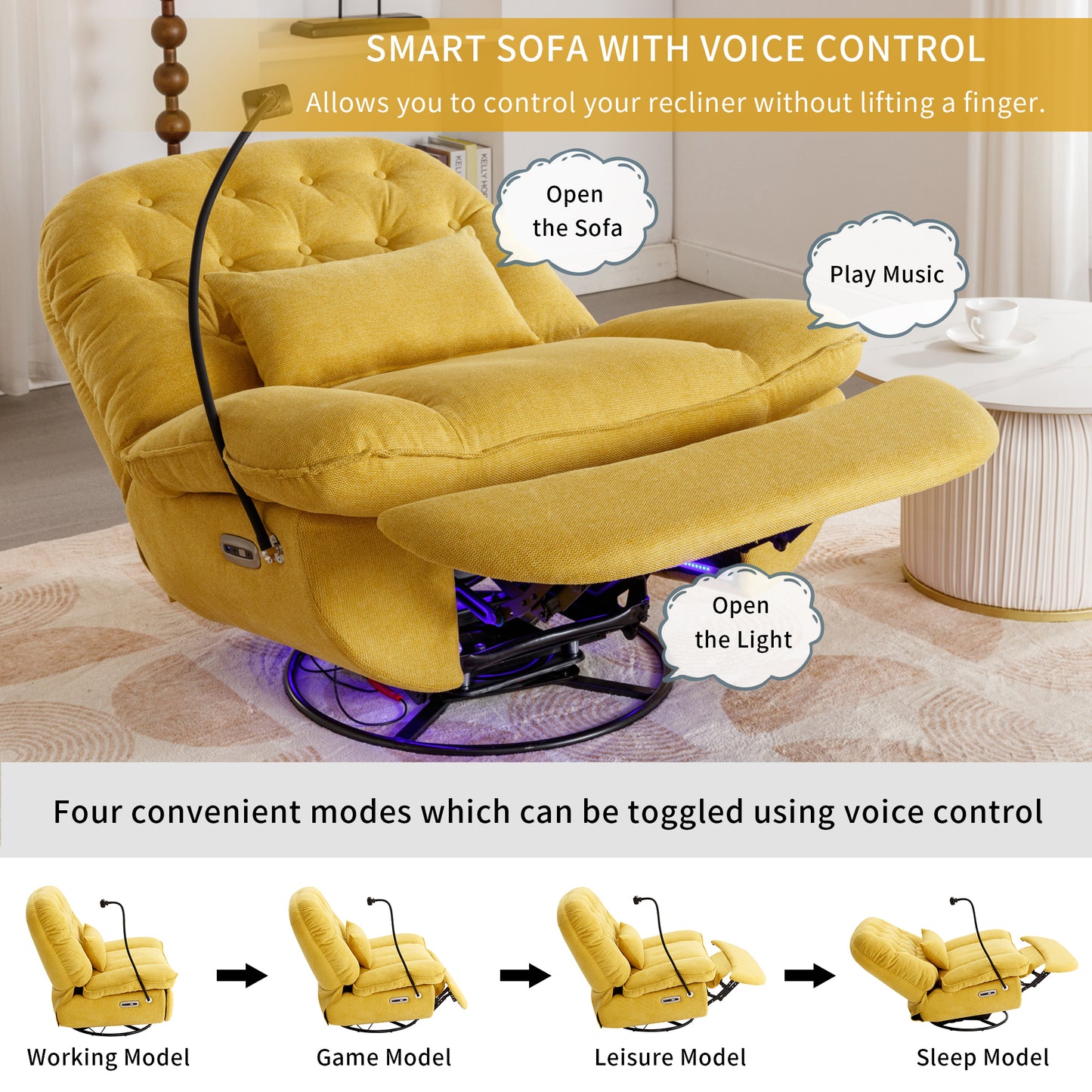 Roxie 270 Degree Swivel Power Recliner with Voice Control - Yellow