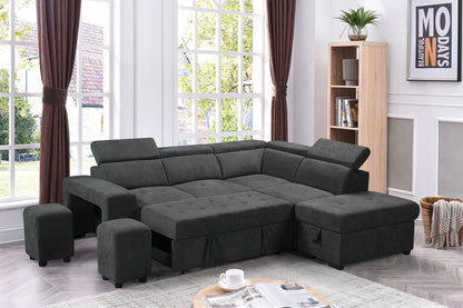 Henrik Sleeper Sectional Sofa with Storage Ottoman and 2 Stools - Dark Gray