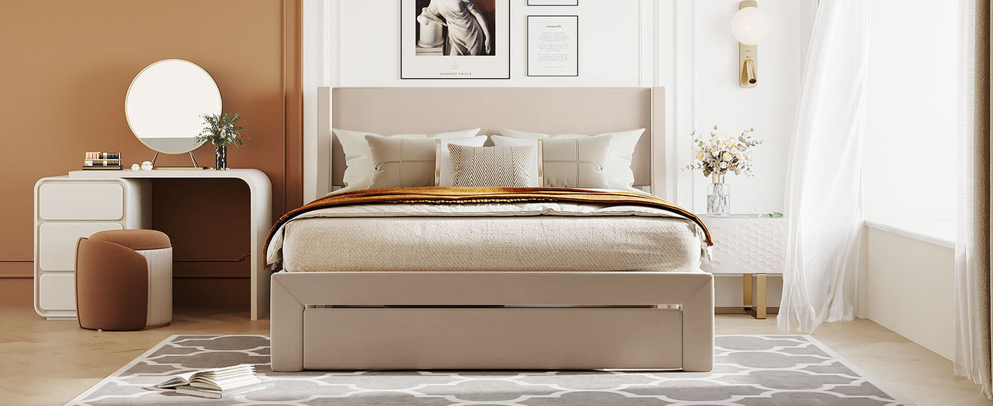 Renni Queen Size Velvet Platform Bed Frame with Drawer - Beige