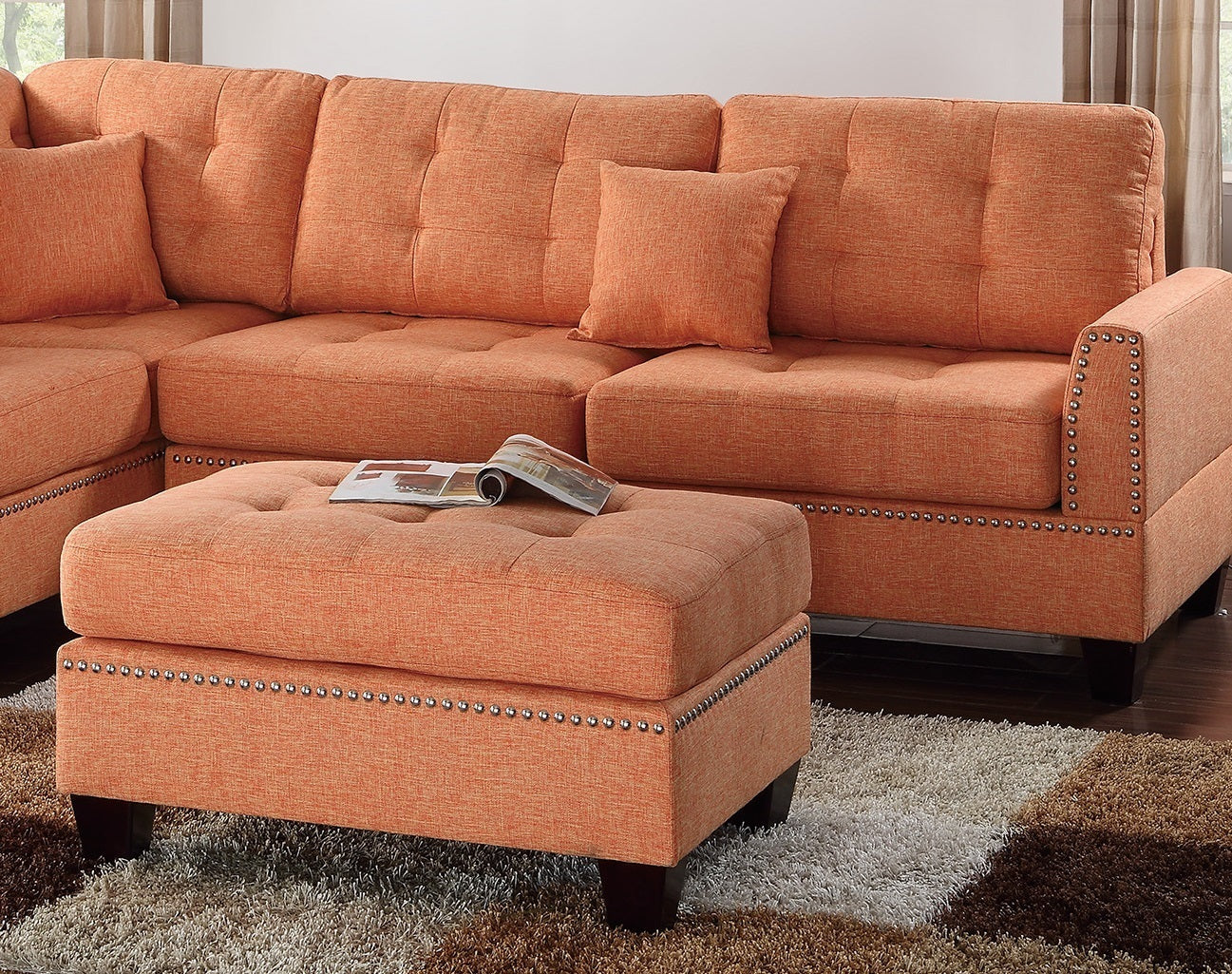 Amara 3pcs Sectional Reversible Chaise Sofa And Ottoman - Orange