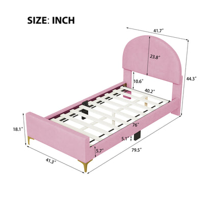 Lynn Twin Size Velvet Platform Bed w Mental Legs - Pink