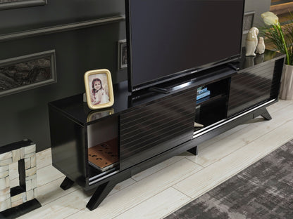 Luxia Mid Century Modern TV Stand 2 Sliding Door- Black