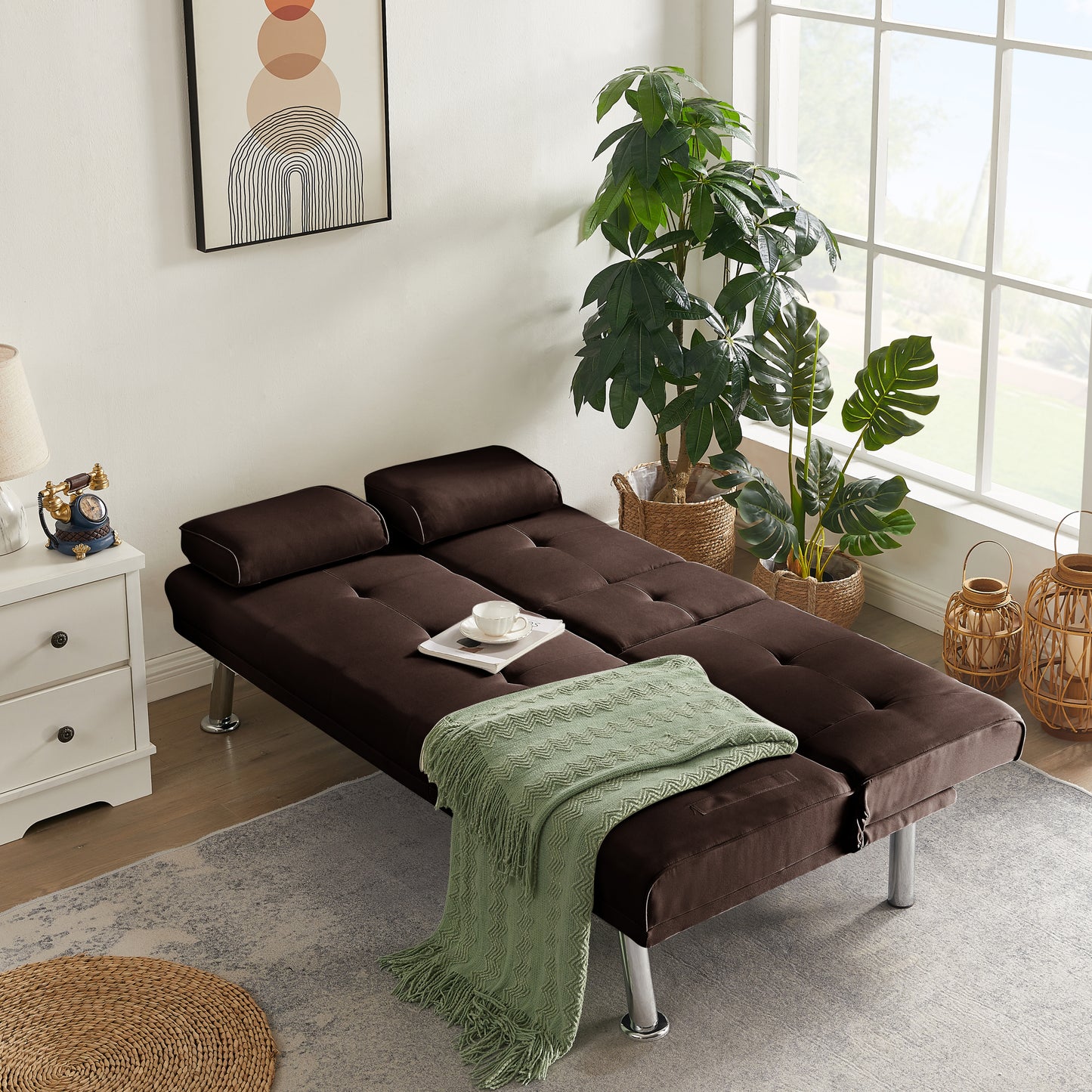 Devo Linen Upholstered Convertible Sofa Bed  - Brown