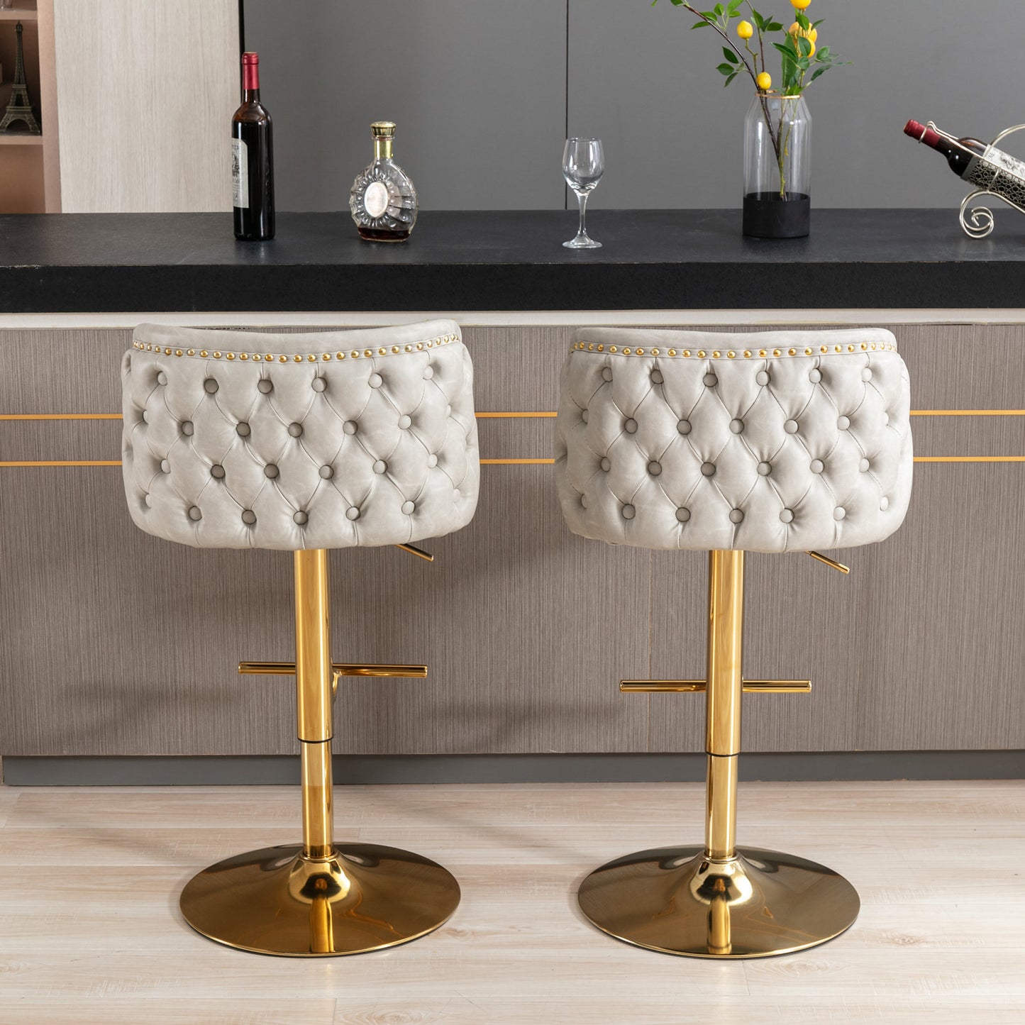 Tufted Swivel Barstools - Beige  Set of 2