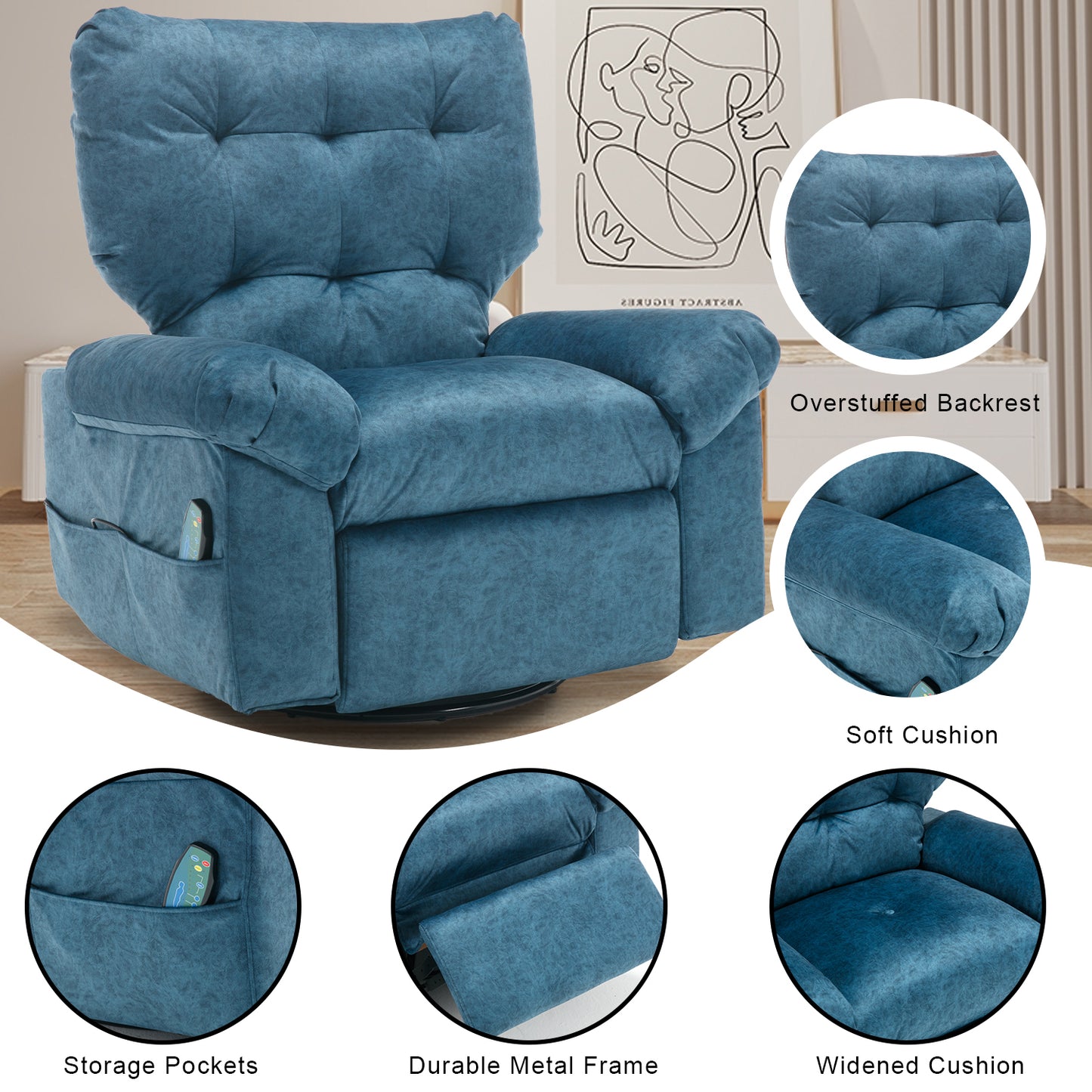 Aria Fabric Rocker Recliner Chair with Massage and Heat - Blue