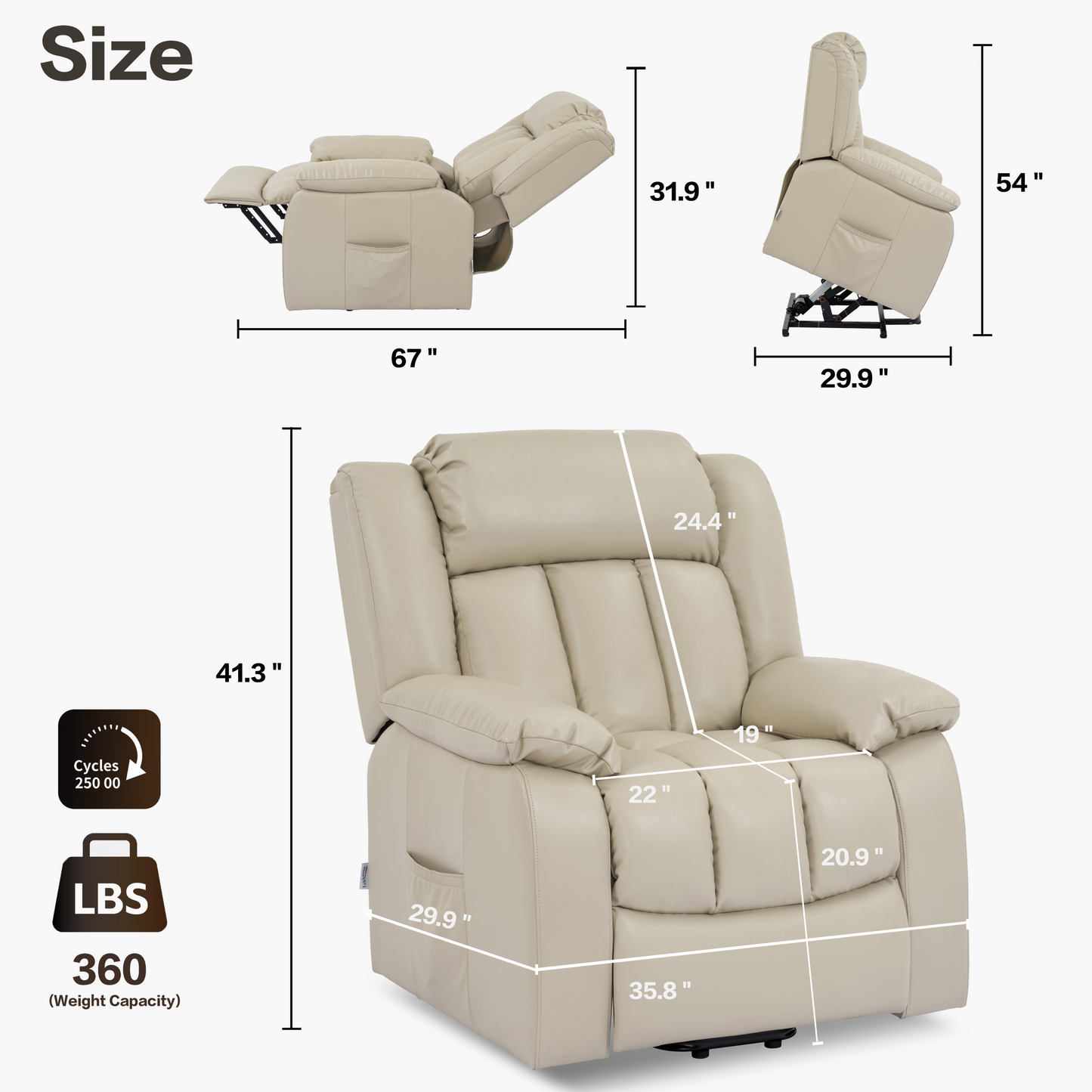 Trevino Electric Power Recliner Chair with Massage And Heating - Beige