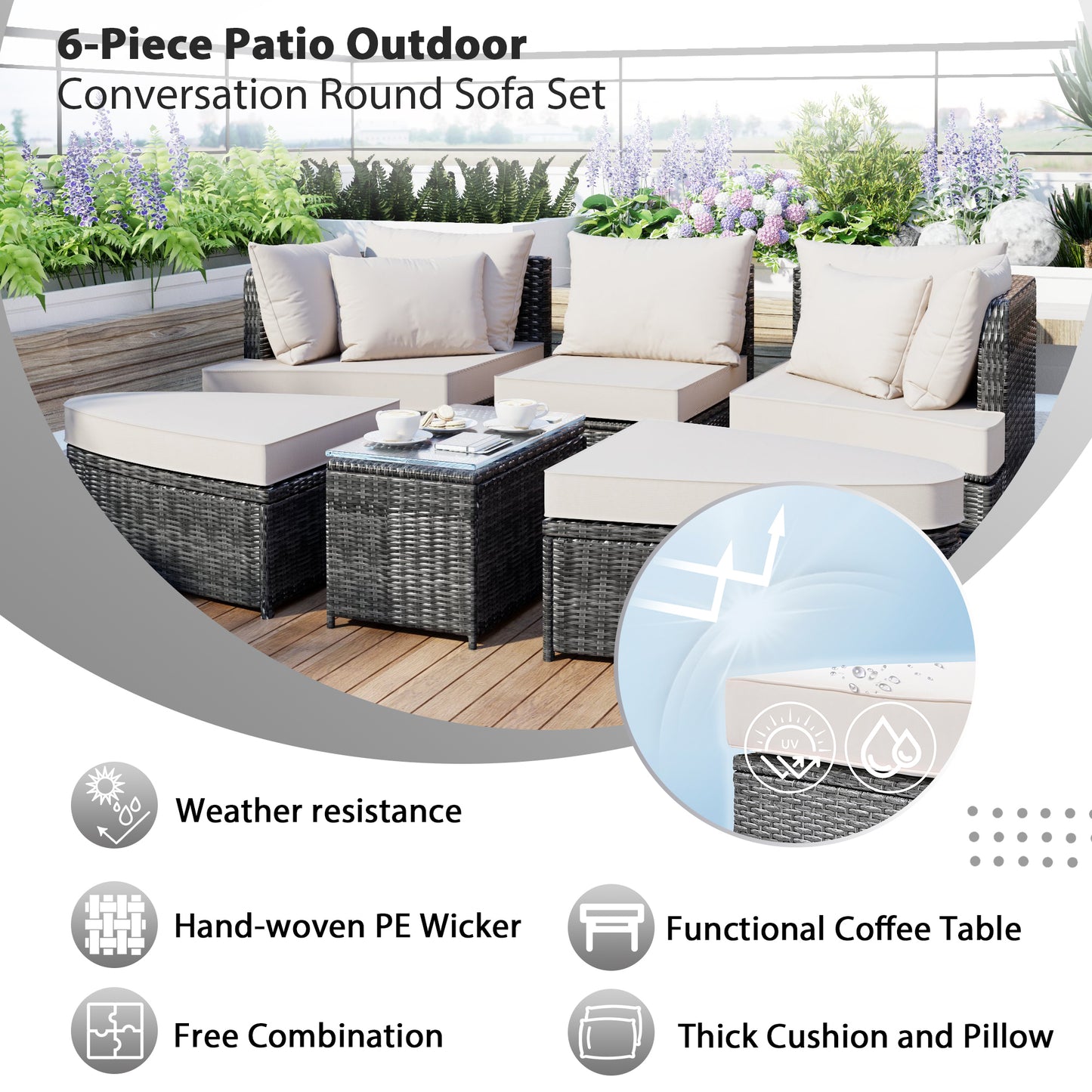 Scarlett 6 Pc Patio Outdoor Conversation Round Sofa Set - Beige