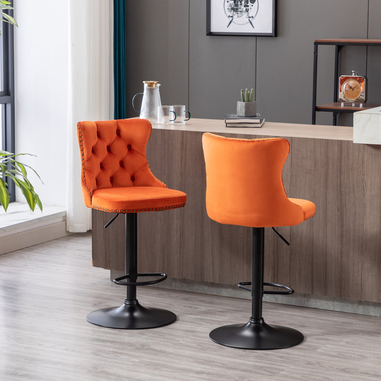 Rise 180 Velvet Barstools Adjusatble Seat Height - Orange Set of 2