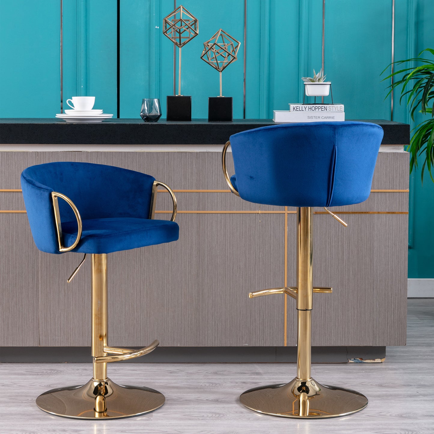 Echoes Velvet Swivel Bar Stools -  Navy Blue Set of 2