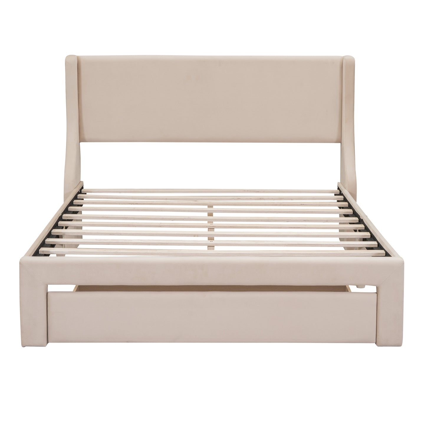 Renni Queen Size Velvet Platform Bed Frame with Drawer - Beige