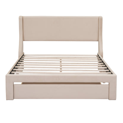 Renni Queen Size Velvet Platform Bed Frame with Drawer - Beige