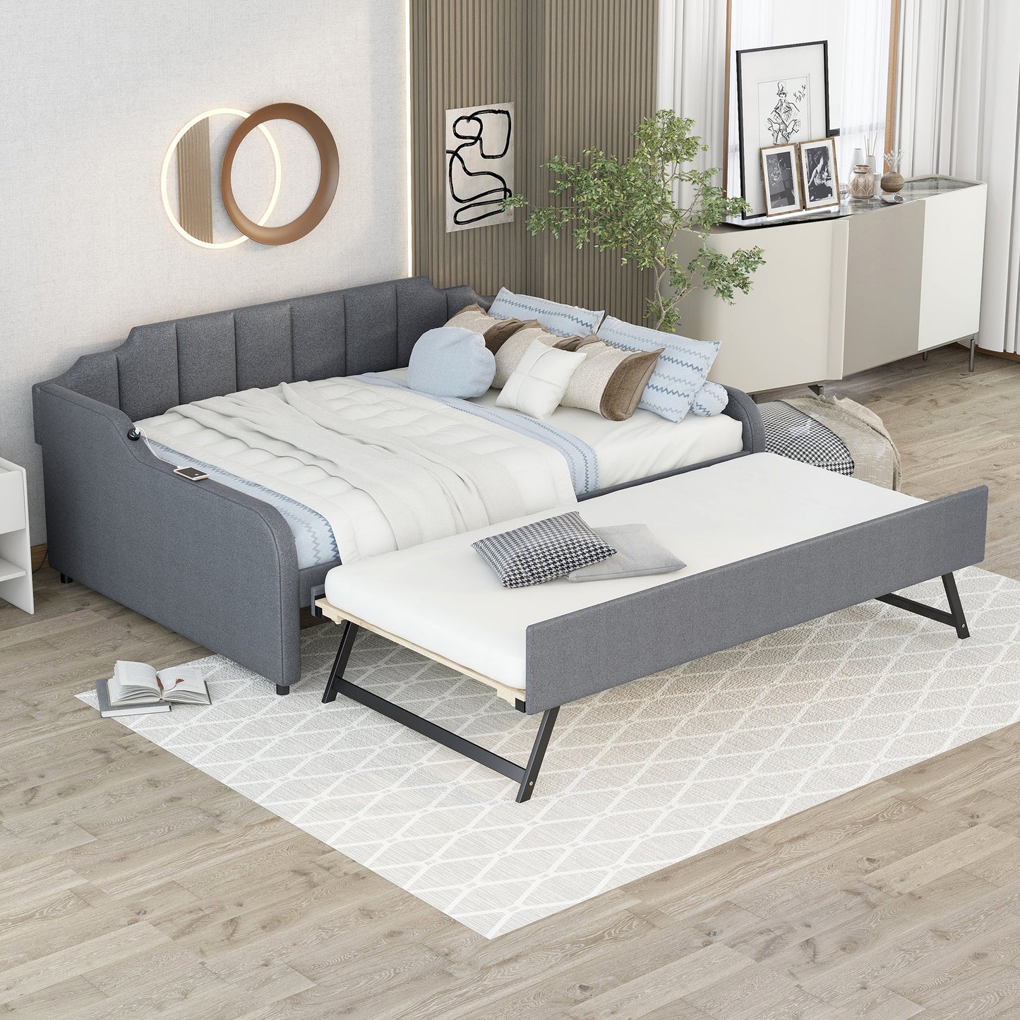 Clair Full Size Daybed with Trundle and USB Chargings - Gray