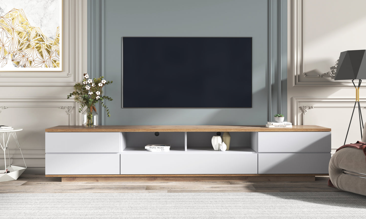 Dena Modern TV stand with Door Rebound Device - White+Natural