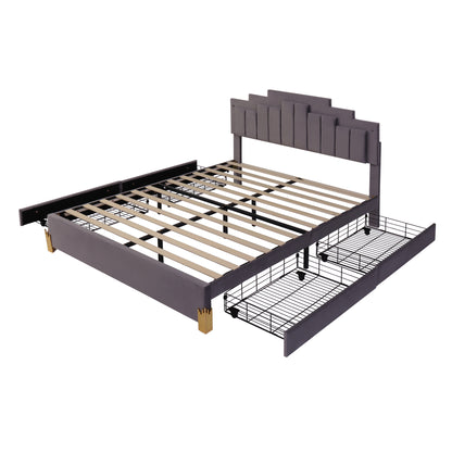 Neco Queen Size Platform Bed with LED and 4 Drawers - Gray